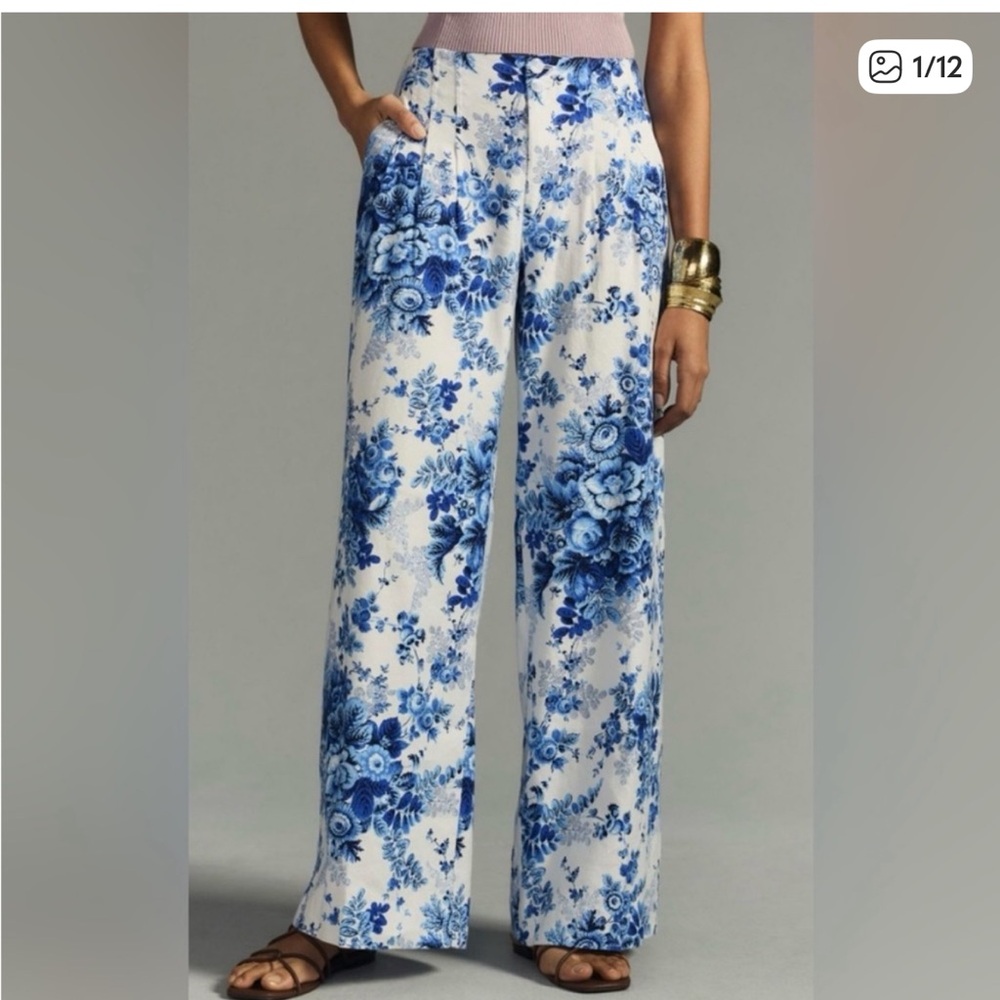 Anthropologie Blue & White Floral Wide-Leg Pants
